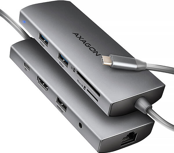 Axagon HMC-8HLSA, USB 5Gbps hub, 3x USB-A, HDMI 4k/60Hz, RJ-45 GLAN, SD/microSD, audio, PD 100W