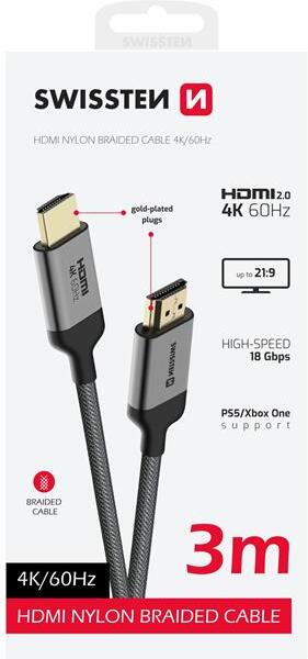 SWISSTEN KABEL HDMI NA HDMI 4K 60Hz 3,0 M NYLON