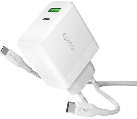 Nabíječka do sítě Epico GaN 65W s kabelem USB-C/USB-C 2m, 1xUSB, 1xUSB-C bílá