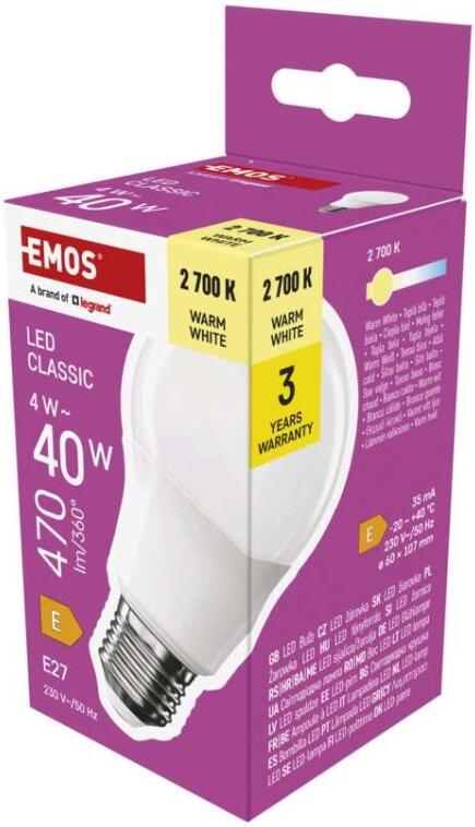 Emos LED žárovka Classic A60 / E27 / 4 W (40 W) / 470 lm / teplá bílá (ZQ5E21)