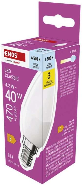 Emos LED žárovka Classic svíčka / E14 / 4,2 W (40 W) / 470 lm / studená bílá (ZQ3E24)