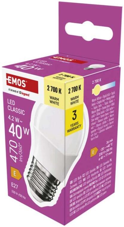 Emos LED žárovka Classic Mini Globe / E27 / 4,2 W (40 W) / 470 lm / teplá bílá (ZQ6E21)