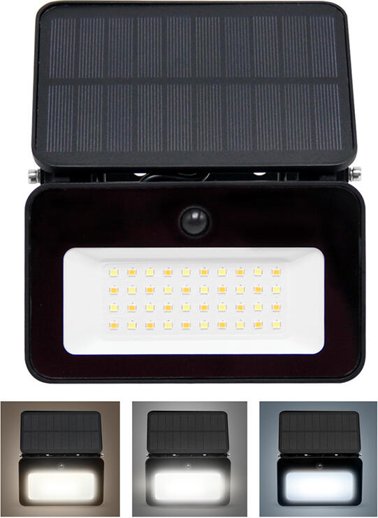 LED solární reflektor Solight se senzorem, 6W, 660lm, 3CCT, Li-Ion, černá