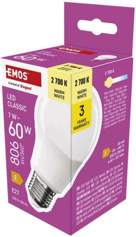 Emos LED žárovka Classic A60 / E27 / 7 W (60 W) / 806 lm / teplá bílá (ZQ5E41)