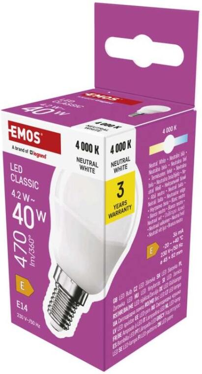 Emos LED žárovka Classic Mini Globe / E14 / 4,2 W (40 W) / 470 lm / neutrální bílá (ZQ1E23)