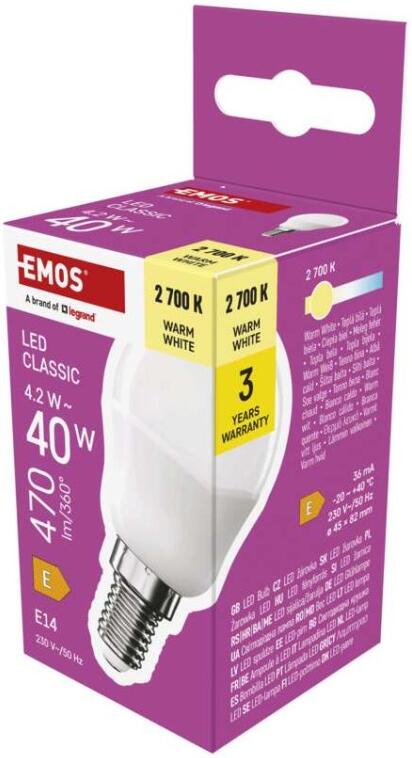 Emos LED žárovka Classic Mini Globe / E14 / 4,2 W (40 W) / 470 lm / teplá bílá (ZQ1E21)