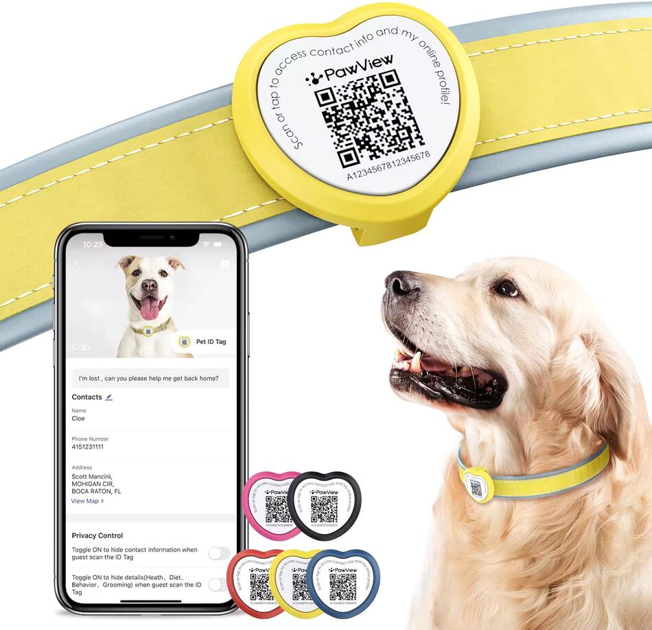 PawView chytrá známka pro psy a kočky srdce - žlutá