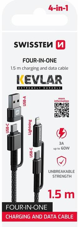 DATOVÝ KABEL SWISSTEN ARAMID REINFORCED 4in1 3A 1,5 M ANTRACIT