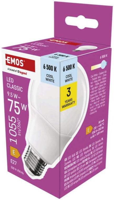 Emos LED žárovka Classic A60 / E27 / 9,5 W (75 W) / 1055 lm / studená bílá (ZQ5E54)
