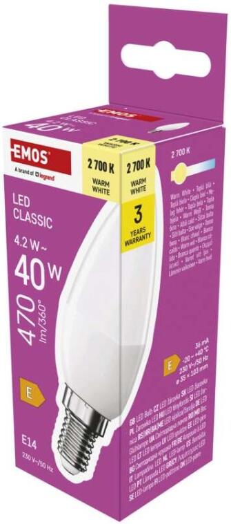 Emos LED žárovka Classic svíčka / E14 / 4,2 W (40 W) / 470 lm / teplá bílá (ZQ3E21)
