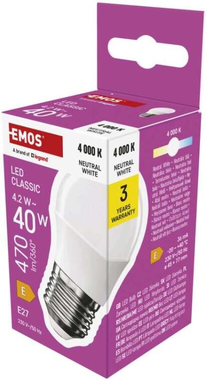 Emos LED žárovka Classic Mini Globe / E27 / 4,2 W (40 W) / 470 lm / neutrální bílá (ZQ6E23)