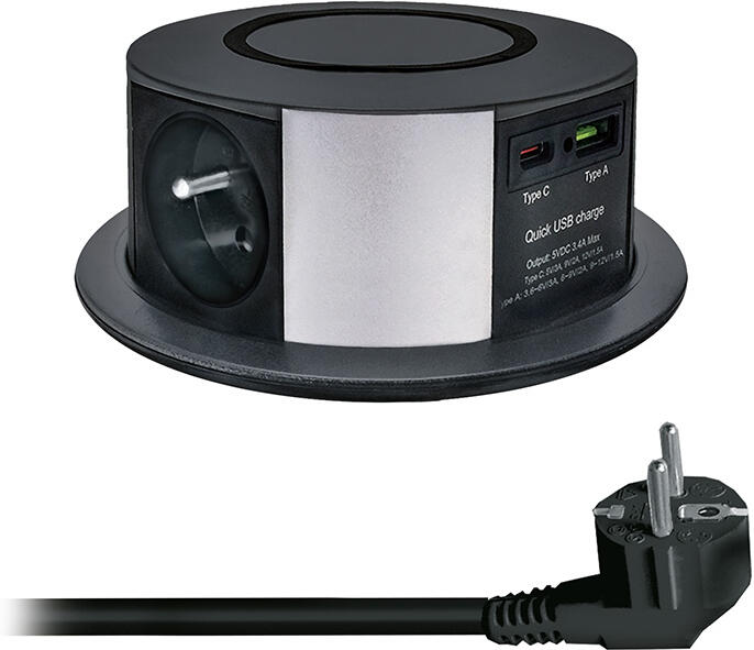 Solight 3z + USB A+C 20W PD, Wireless 10W, výsuvný blok zásuvek, 2m, černý