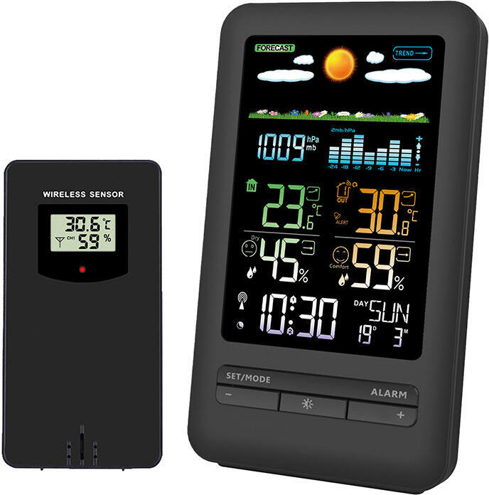 Solight meteostanice, barevný LCD, vnitřní/venkovní teplota a vlhkost, tlak, RCC, černá