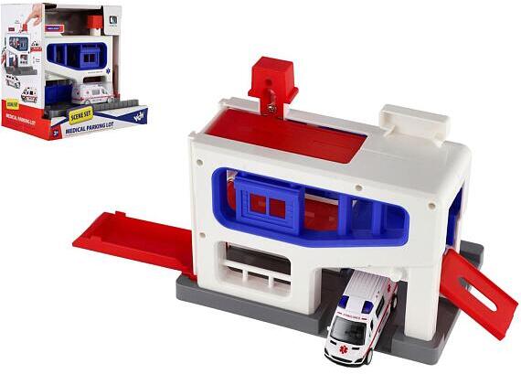 Teddies Parkovací garáž + auto ambulance plast v krabici 20x20x14cm
