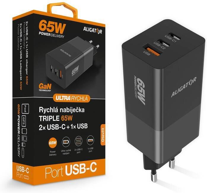 Rychlá nabíječka ALIGATOR GaN, PD 65W, 2xUSB-C, 1xUSB-A, černá