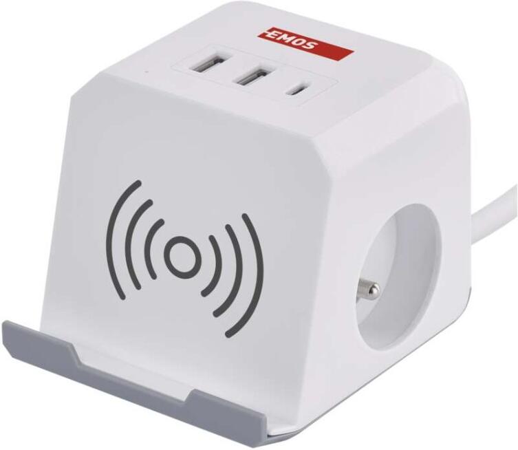 Emos prodlužovací kabel - kostka 2 m / 2 zásuvky / bílý / 2×USB-A + 1×USB-C+Qi / 1,5 mm2 (P0212CQ)