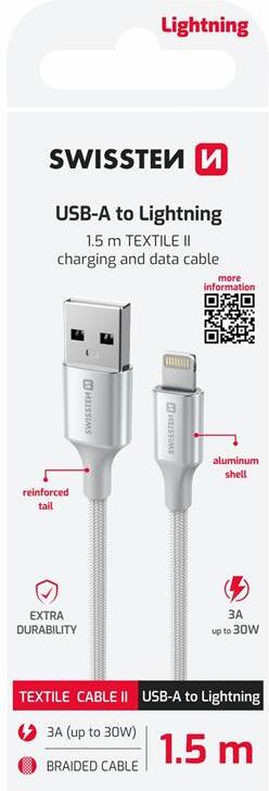 DATOVÝ KABEL SWISSTEN TEXTILE II USB / LIGHTNING 1,5 M BÍLÝ