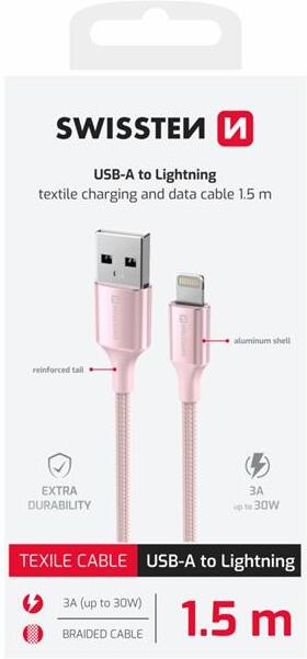 DATOVÝ KABEL SWISSTEN TEXTILE II USB / LIGHTNING 1,5 M RŮŽOVÝ