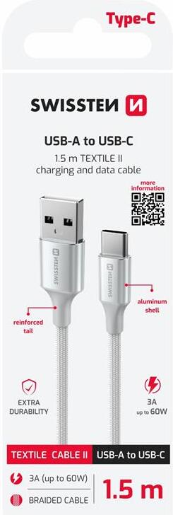 DATOVÝ KABEL SWISSTEN TEXTILE II USB / USB-C 1,5 M BÍLÝ