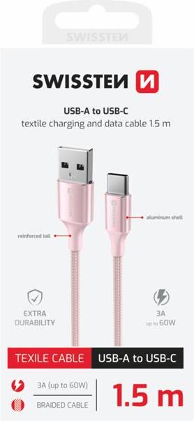 DATOVÝ KABEL SWISSTEN TEXTILE II USB / USB-C 1,5 M RŮŽOVÝ