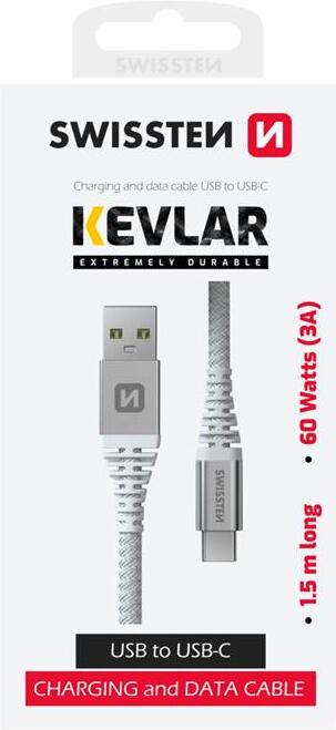 DATOVÝ KABEL SWISSTEN ARAMID REINFORCED USB / USB-C 1,5 M BÍLÝ
