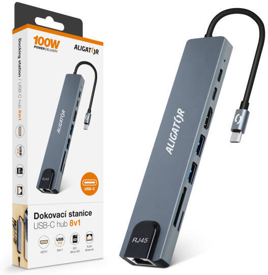 Aligator Dokovací stanice USB-C / Hub 8v1 (USB-C / 2xUSB / SD / MicroSD/ HDTV / RJ45)