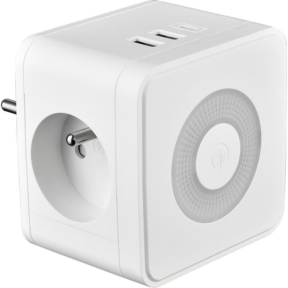 Síťový adaptér Viking Y23L, bílá/Output:2xAC,1xUSB-A,2xUSB-C/dotykové LED světlo (VY23LW)