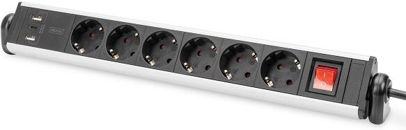 Digitus Prodlužovací přívod 230V 1,5m 6 zásuvek+vypínač+2xUSB-A+1xUSB-C (DA-70624)