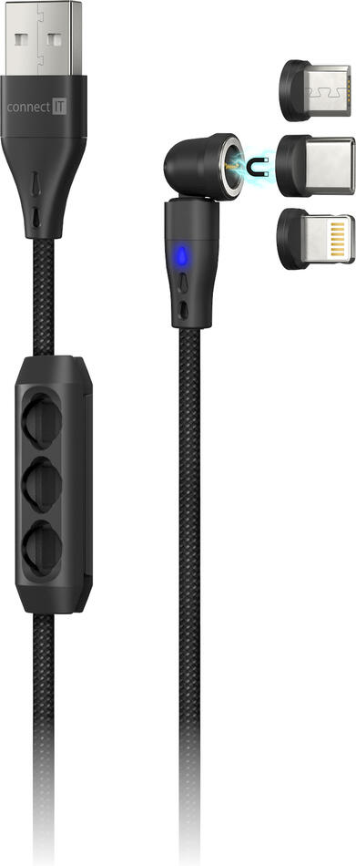 CONNECT IT Magnetic PowerLink 3in1 kabel (USB-C / Lightning / MicroUSB), 2m, ČERNÁ (CCA-2200-BK)