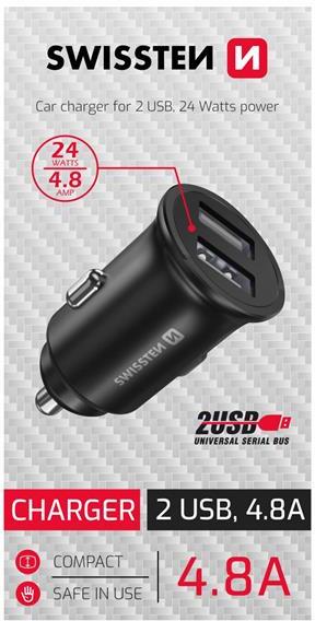 SWISSTEN CL ADAPTÉR 2x USB 4,8A METAL ČERNÝ (SAMOPRODAVAČ)