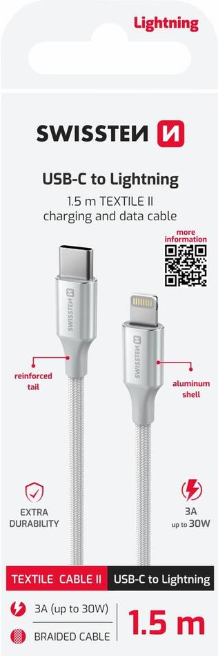 DATOVÝ KABEL SWISSTEN TEXTILE II USB-C / LIGHTNING 1,5 M BÍLÝ