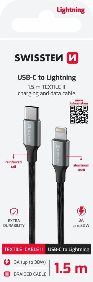 DATOVÝ KABEL SWISSTEN TEXTILE II USB-C / LIGHTNING 1,5 M ČERNÝ