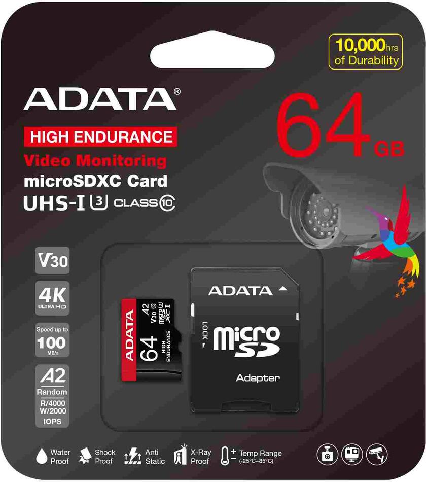 A-Data ADATA MicroSDXC karta 64GB High Endurance UHS-I C10 V30 A2 (R:100/W:80 MB/s) + SD adaptér (AUSDX64GUI3V30SHA2-RA1)