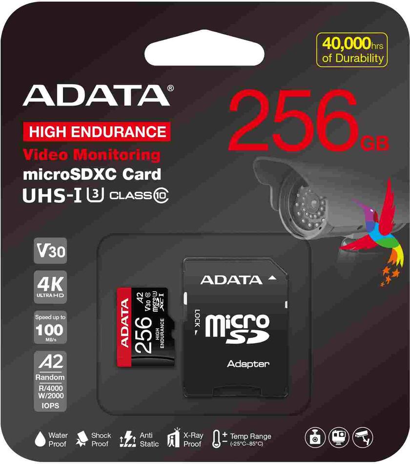 A-Data ADATA MicroSDXC karta 256GB High Endurance UHS-I C10 V30 A2 (R:100/W:85 MB/s) + SD adaptér (AUSDX256GUI3V30SHA2-RA1)