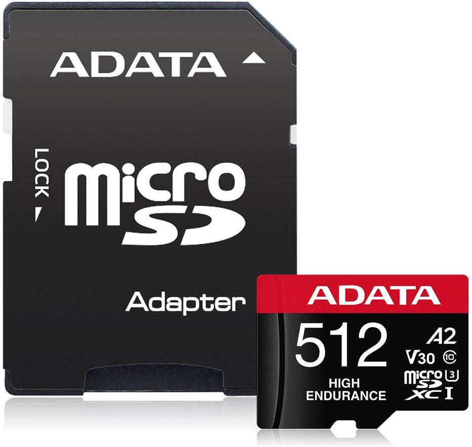 A-Data ADATA MicroSDXC karta 512GB High Endurance UHS-I C10 V30 A2 (R:100/W:85 MB/s) + SD adaptér (AUSDX512GUI3V30SHA2-RA1)