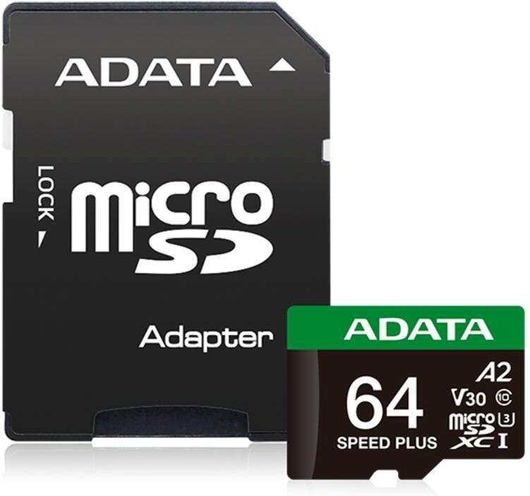 A-Data ADATA MicroSDXC karta 64GB Speed Plus, U3, C10, A2, V30 (R:160/W:140 MB/s) + SD adaptér (UD64GUI3V30A2SP-RA1)
