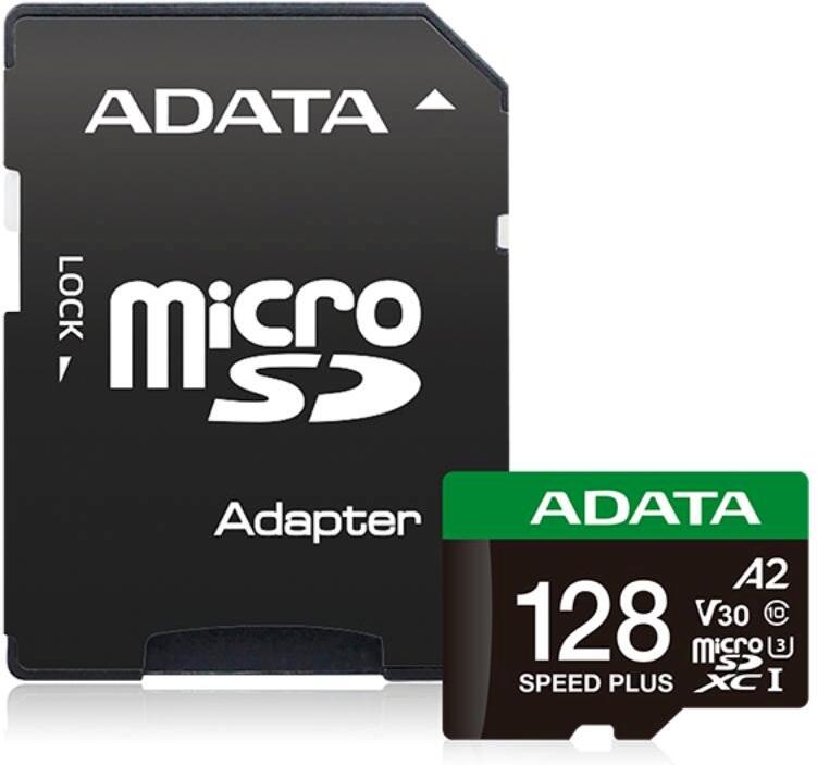 A-Data ADATA MicroSDXC karta 128GB Speed Plus, U3, C10, A2, V30 (R:180/W:160 MB/s) + SD adaptér (UD128GUI3V30A2SP-RA1)