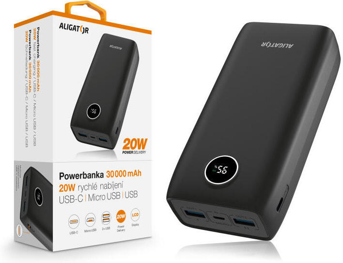 Powerbanka ALIGATOR PD20W+QC22.5W, rychlé nabíjení, 30 000 mAh, černá