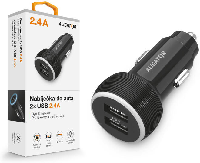 Nabíječka do auta ALIGATOR, 2xUSB 2.4A, originální černá