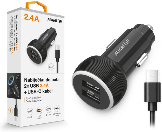 Nabíječka do auta ALIGATOR s USB-C kabelem a 2xUSB výstupem 2.4A, černá