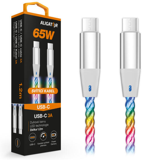Datový kabel ALIGATOR POWER 3A 65W, USB-C/USB-C, 1,2m svítící