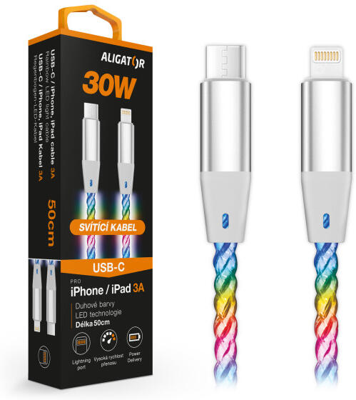 Datový kabel ALIGATOR POWER 3A 30W, USB-C/Lightning, 0,5m svítící