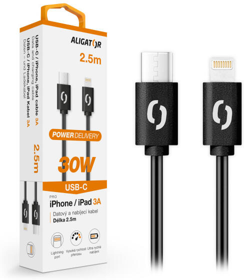 Datový kabel ALIGATOR POWER 30W, USB-C/Lightning 3A, 2,5m černý