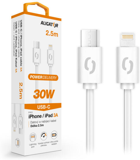 Datový kabel ALIGATOR POWER 30W, USB-C/Lightning 3A, 2,5m bílý