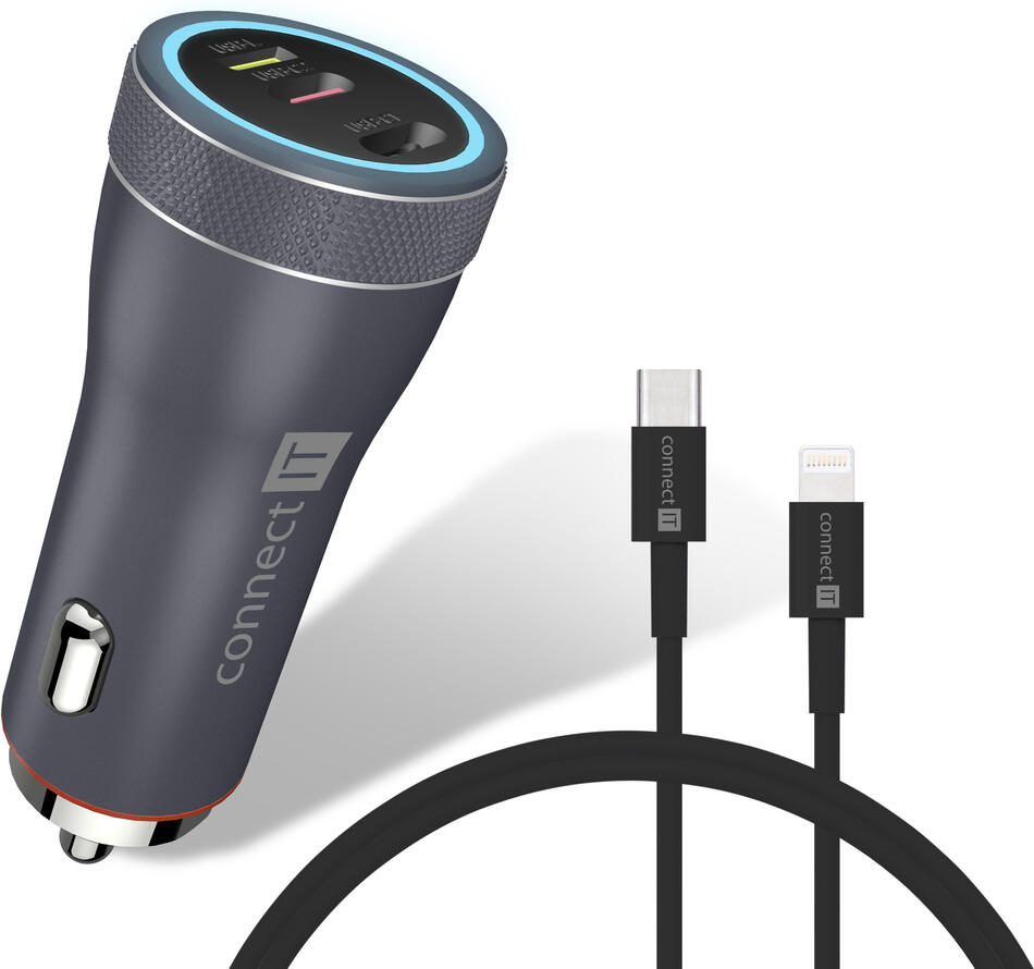 CONNECT IT InCarz DUPLEX nabíječka do auta, 2x USB-C, 1x Lightning, ANTRACITOVÁ (CCC-5020-AN)