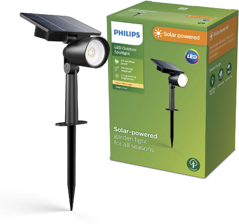 Ashlyn UltraEfficient venkovní solární zemní LED reflektor 1,4W 150lm 2700K IP44, černý Philips