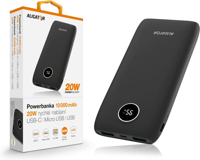 Powerbanka ALIGATOR PD20W + QC22.5W, 10 000 mAh, černá