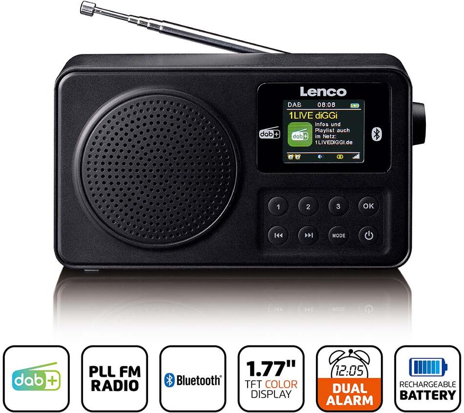 Přenosné rádio DAB+/FM s Bluetooth® Black Lenco PDR-033BK