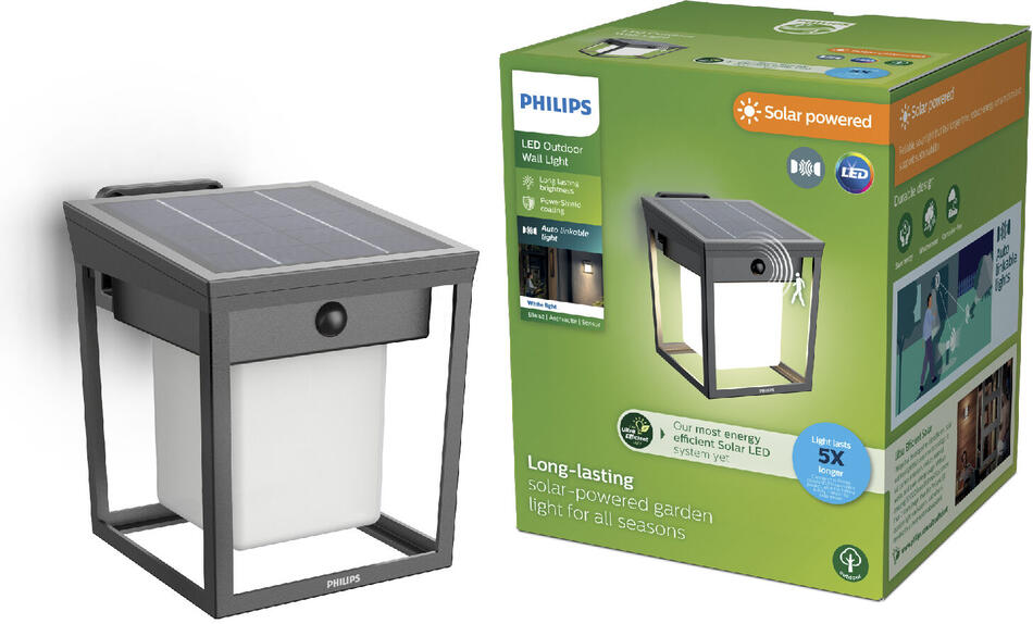 Blaise UltraEfficient solární LED svítidlo se senzorem 1,5W 250/20lm 3000K IP44, hranaté, antracit Philips