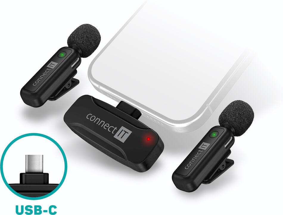 CONNECT IT Wireless Lavalier mikrofon USB-C konektor (2 ks + receiver) set ČERNÝ (CMI-1011-BK)